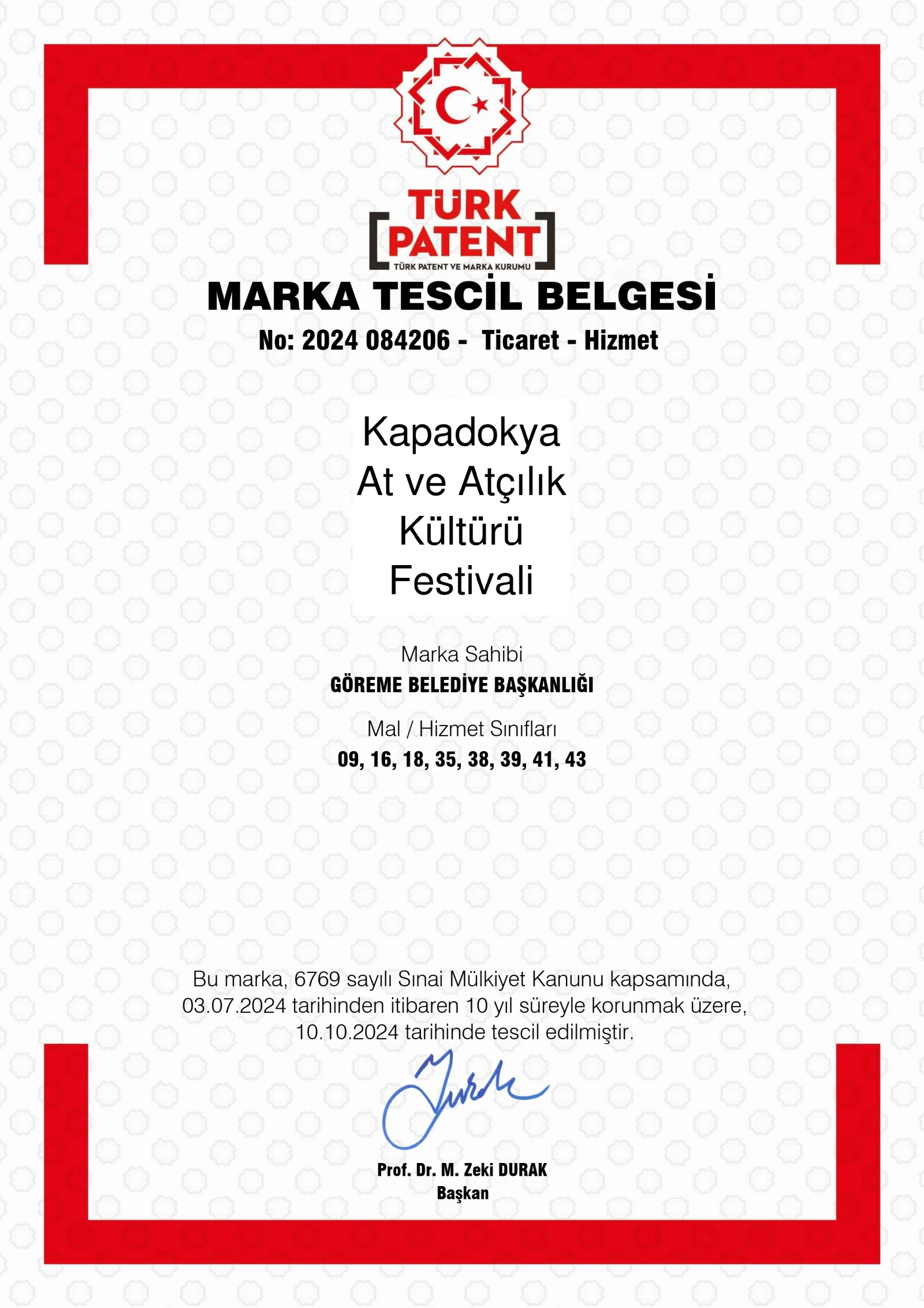 Türk Patent Marka Tescil Belgesi — Kapadokya At ve Atçılık Kültürü Festivali
